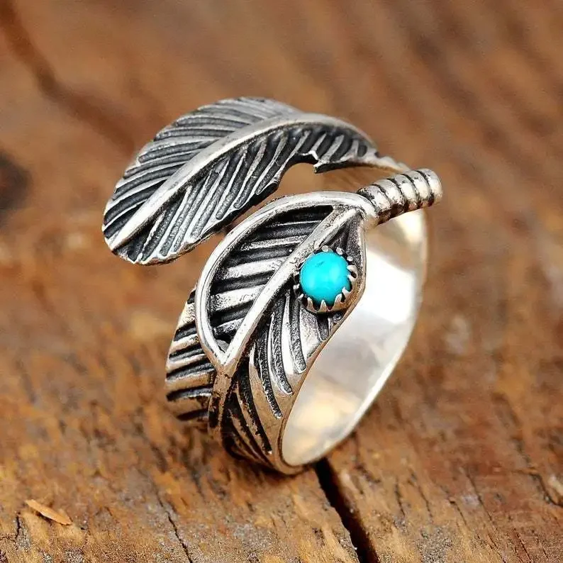 Anillo abierto de plata tailandesa para hombres y mujeres, pluma Retro, moda Turquesa