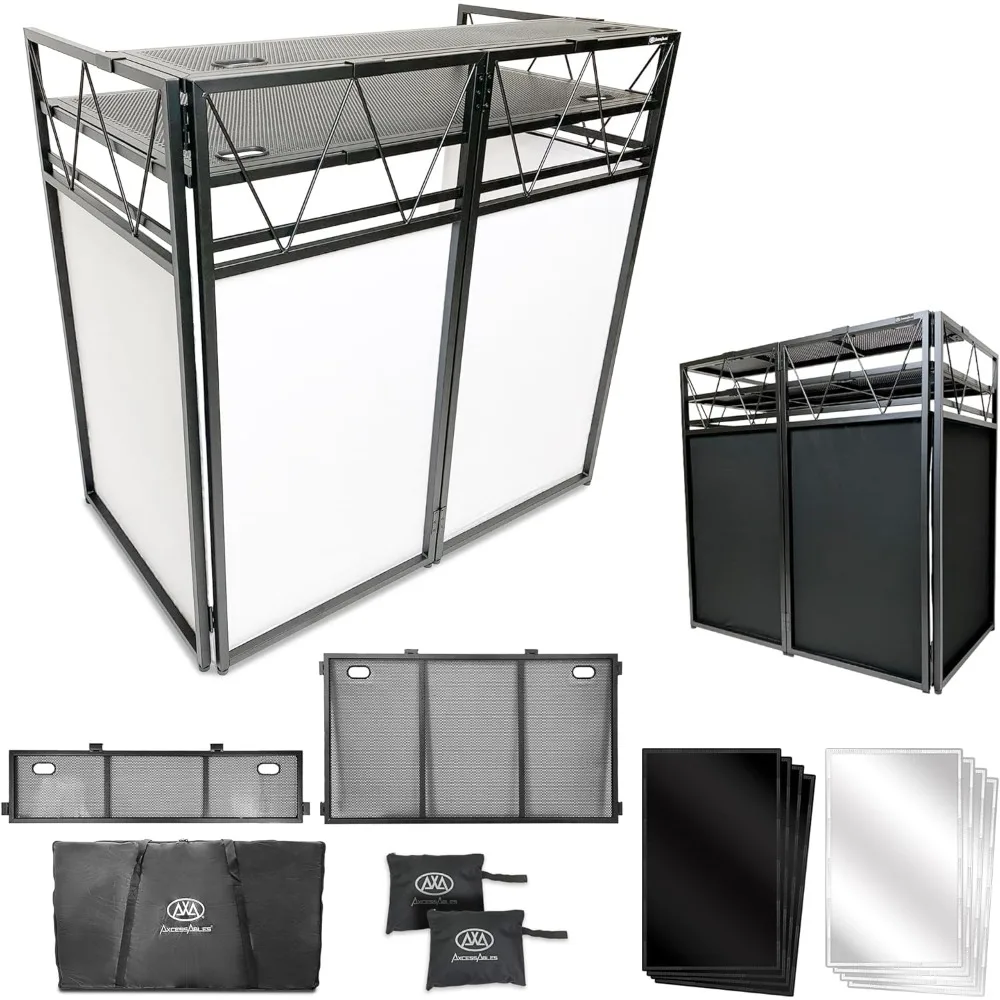 Two Tier Dj Booth,Portable Facade With Large Workstation,Forty Three By Twenty Five Inch Surface,Two Adjustable Height Positions