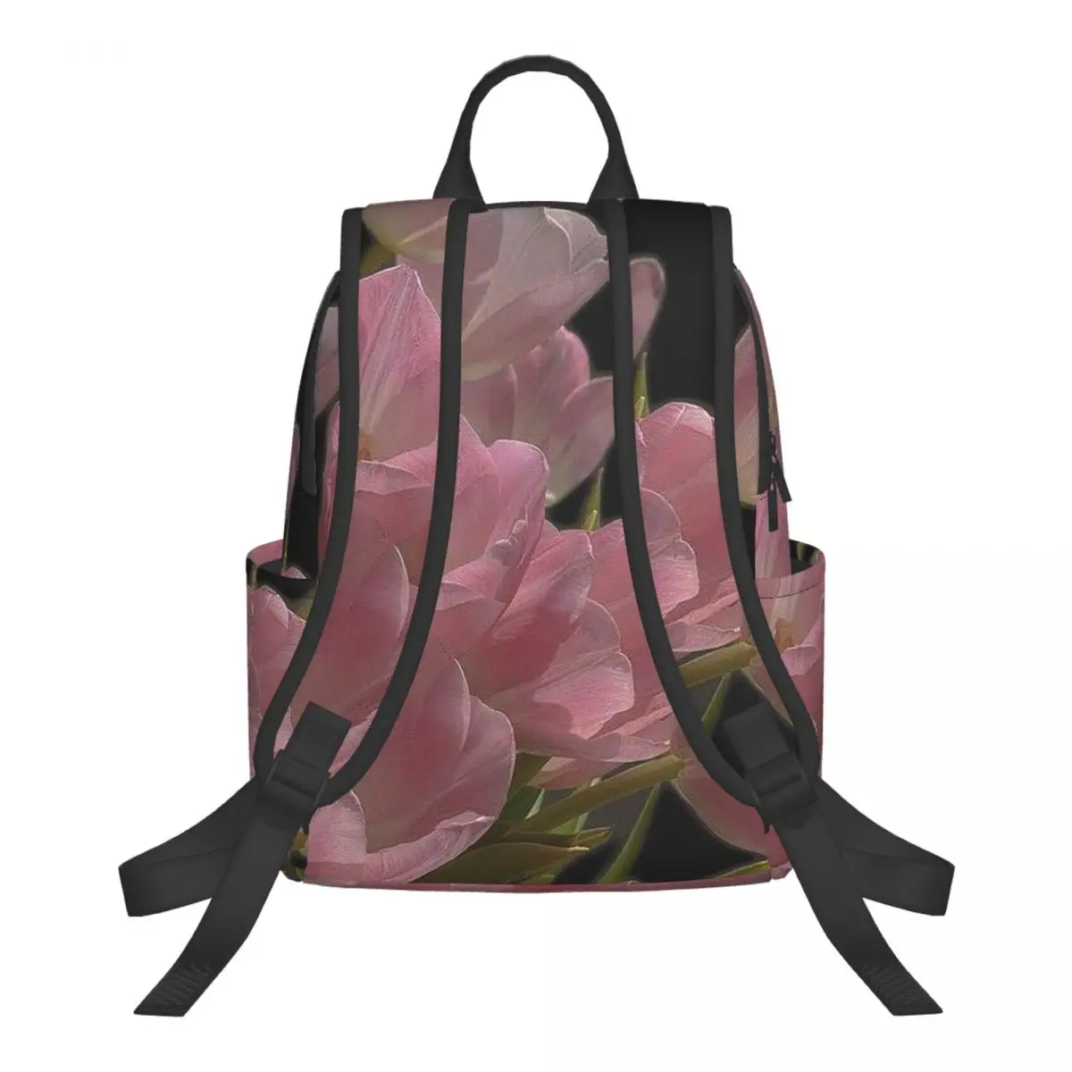 Pink Tulip Green Leaf In Black Background Student Backpack School Bag Hiking Travel Daypack for Boys Girls Bookbag Shoulder Bags