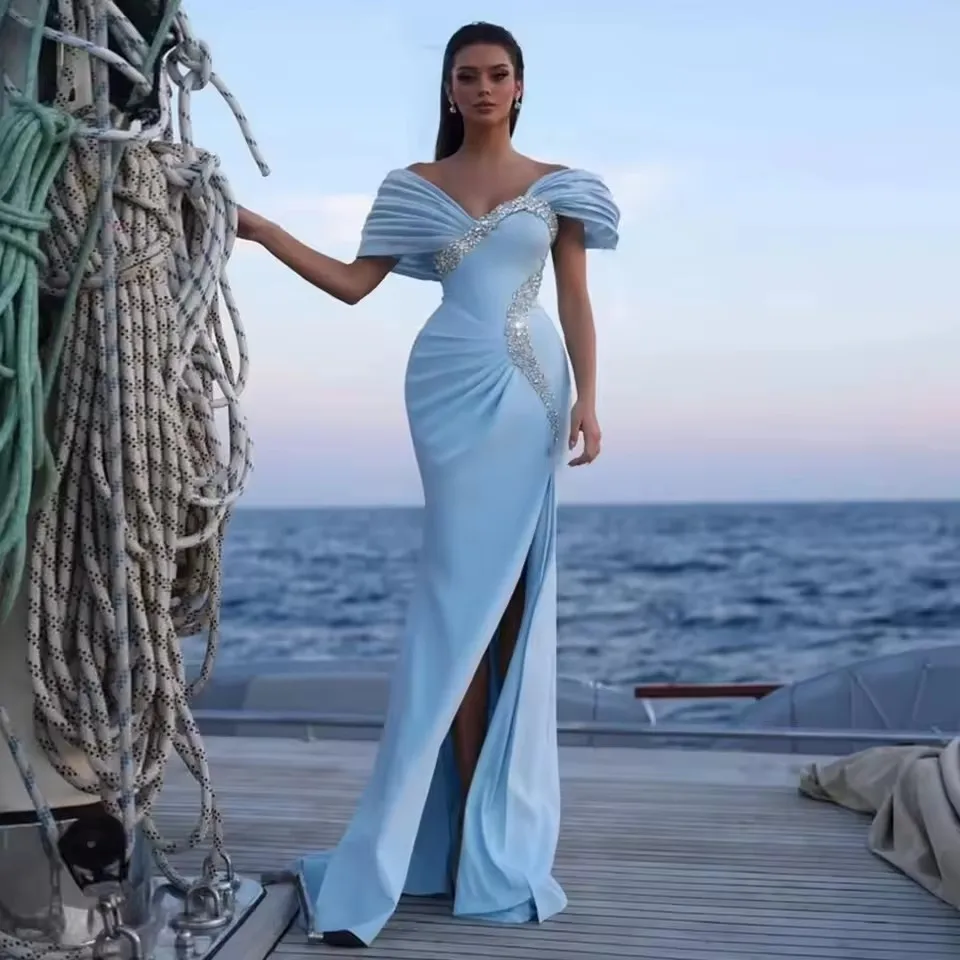 

Sexy Light Sky Blue Evening Gowns High Split Chiffon Prom Dresses Shinning Beaded Formal Occasion Party Dress