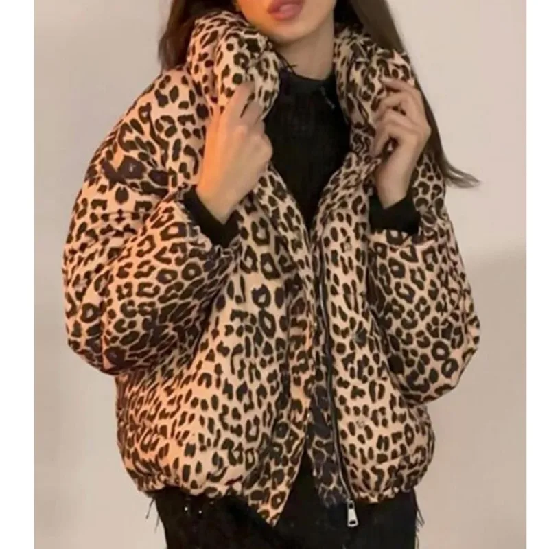 New Leopard Print Luxury Cotton Jacket Winter Woman Clothing Y2K Korean Fashion Style Vintage Outerwears Top Coat Elegant Parkas