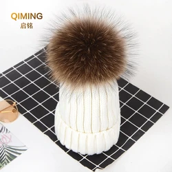 Children Real Raccoon Fur Ball Hats Knitted Hat Children Keep Warm Winter Hats for Women Knit Beanies Cap Fur PomPom Caps Girl