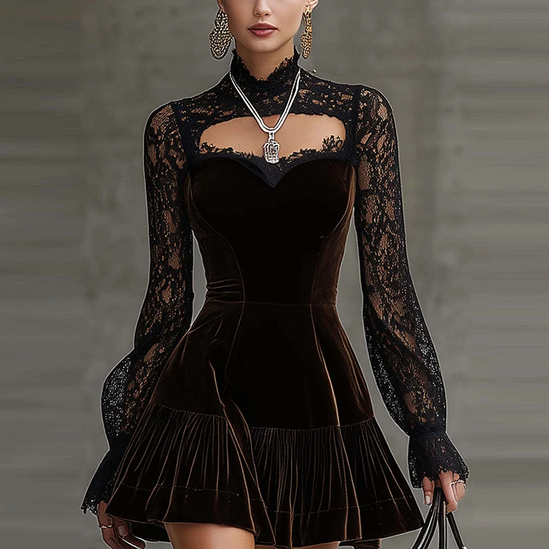 

Вельветовое кружевное платье для вечеринок, женское сексуальное мини-платье А-силуэта с вырезами и длинными рукавами, модное осенне-зимнее короткое платье