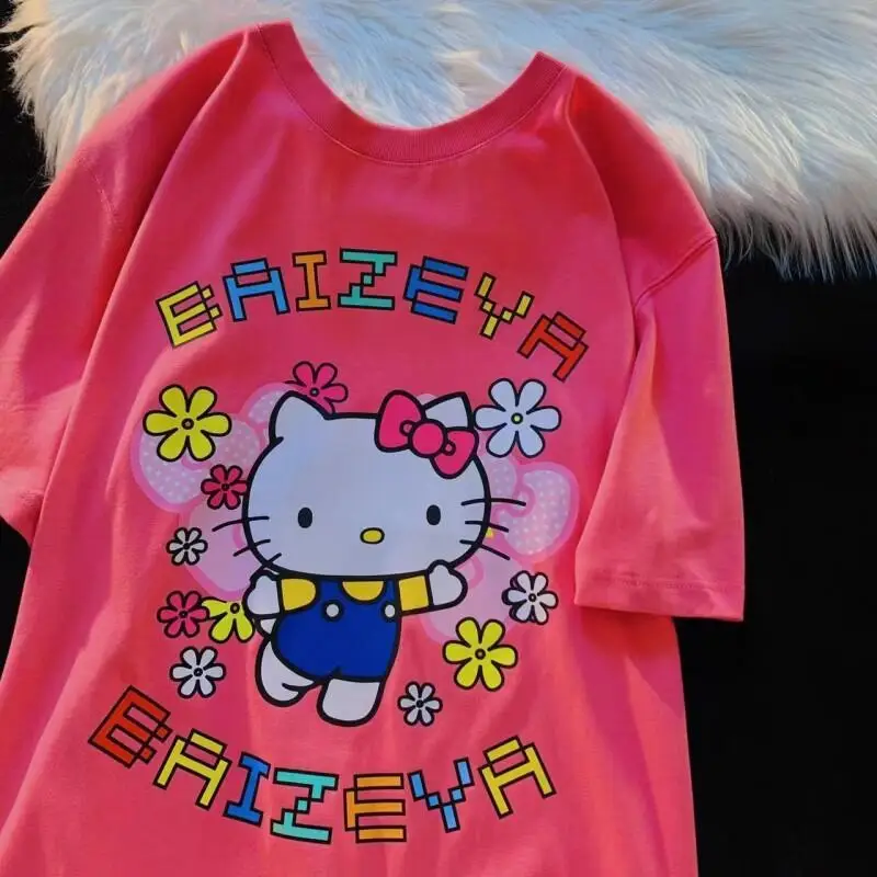 

Sanrio Hello Kitty women's T-shirt tops Short Sleeve Soft Cotton All Summer Cartoon Loose Fit Trendy Cute Round Neck Couple