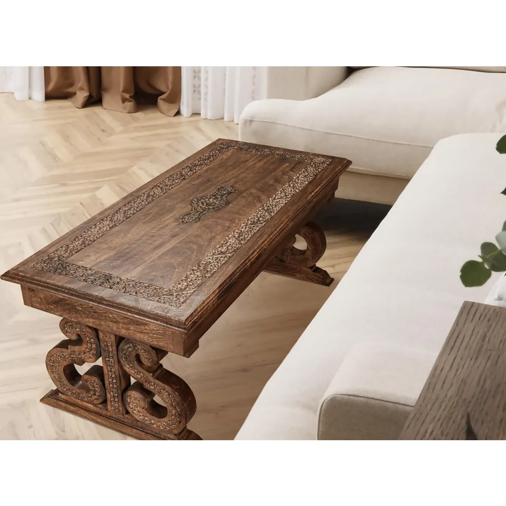 Vintage Mango Wood Rectangular Coffee Table - Rustic Living Room Centerpiece with Detailed Carving