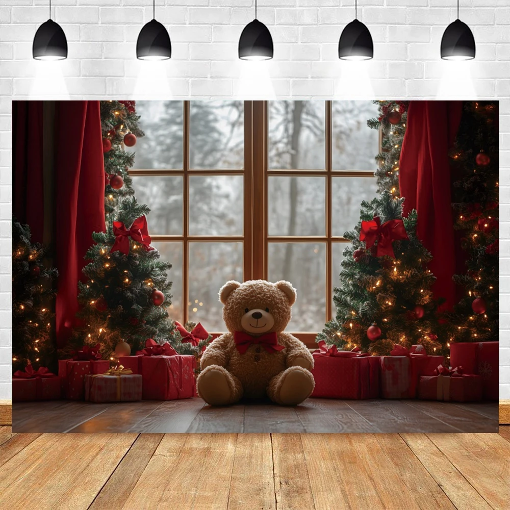 Фон для фотосъемки с Рождеством в стиле ретро, дворец, деревянная полка, плюшевый мишка, подарки, фон для рождественской елки, детский семейный портрет, проповеди