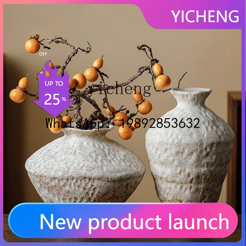 

X7 Vintage Ceramic Vase Coarse Pottery Jar Dry Flower Arranger New Zen Style Homestay Art Ornament