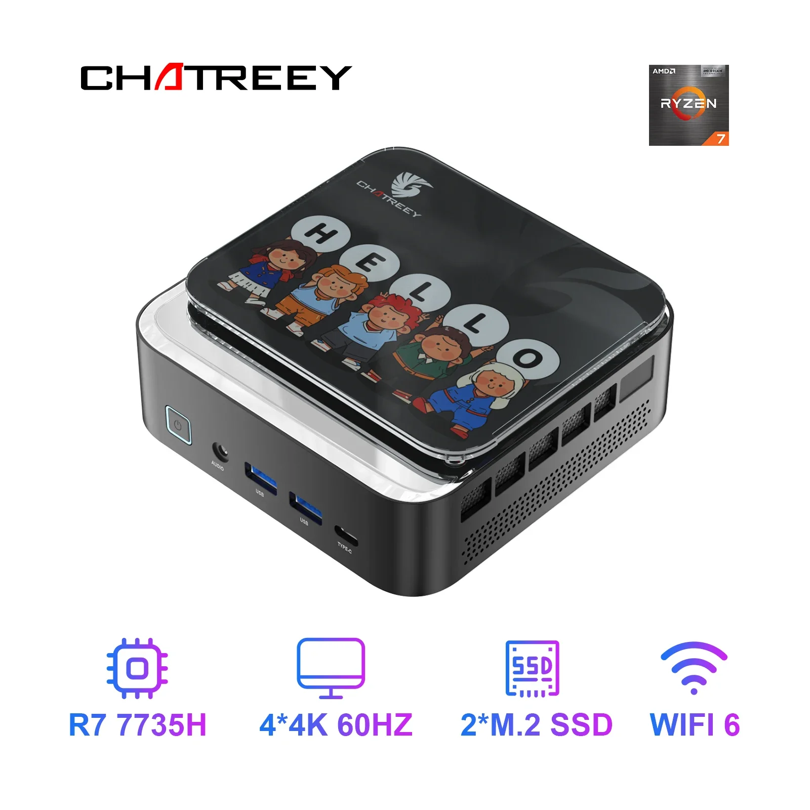 Chatreey AN3P Mini PC R7 7735HS 680M Gaming Desktop Computer with WiFi 6/Bluetooth 5.2//HDMI/DP/USB 4.0