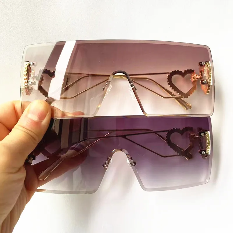 Fashion Sun Glasses Women Rimless Eyeglasses Anti-UV Spectacles Alloy Heart Design Temples Ornamental Siamese Lens Sunglasses