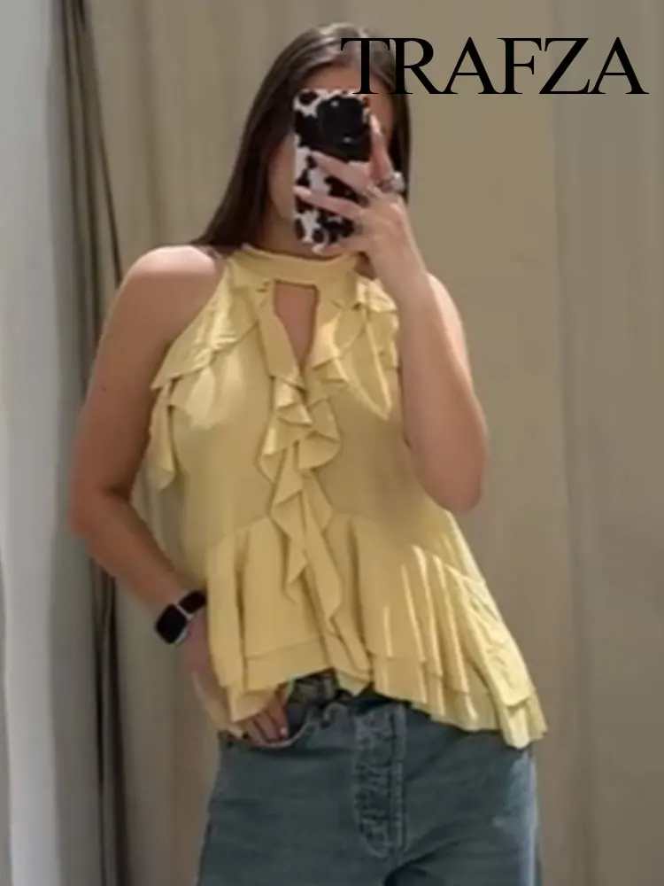 

TRAFZA 2025 Women's Summer Sexy Hollowed-out Neck Top Trendy Layered Decorative Sleeveless Short Top For Women's Streetwear Y2K