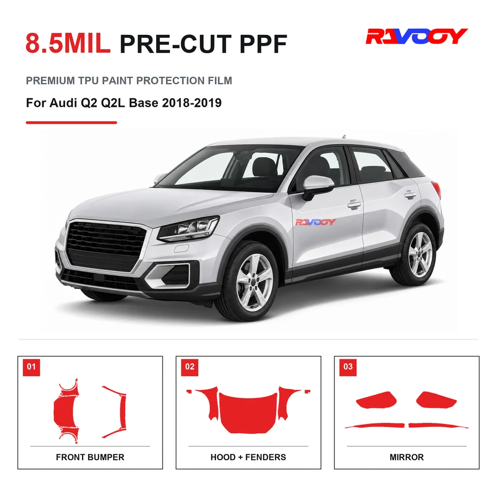 Film de protection de peinture transparent en TPU pré-découpé pour Audi Q2 Q2L Base 2018-2019, 8,5 mil, auto-réparant, hydrophobe, protection contre les rayures et les UV