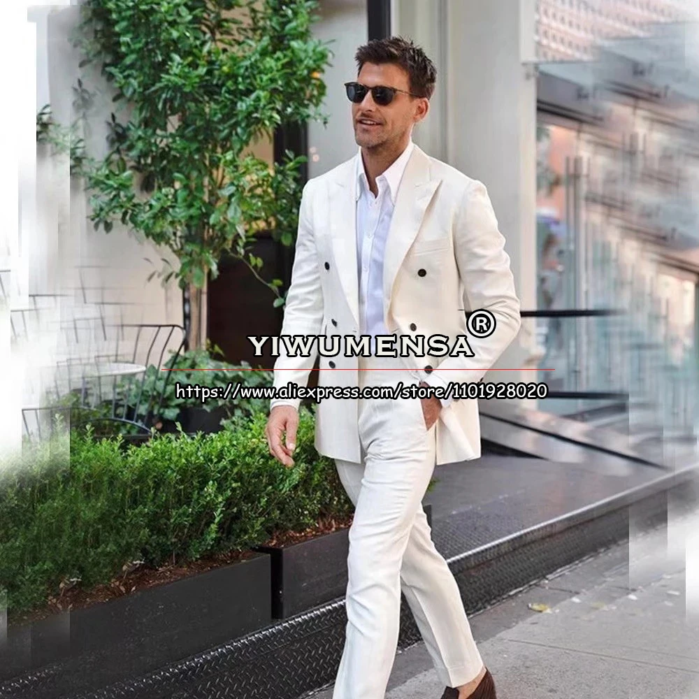 

Classic Ivory Suits Men Double Breasted Blazer 2 Pieces Smart Casual Business Coat Pant Designer Latest Groomsman Tuxedo Cheap