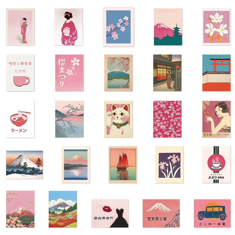10/50 個ヴィンテージピンク日本の旅行ステッカー日本文化風景デカール子供のための電話ラップトップスーツケースノートブックビニールデカール