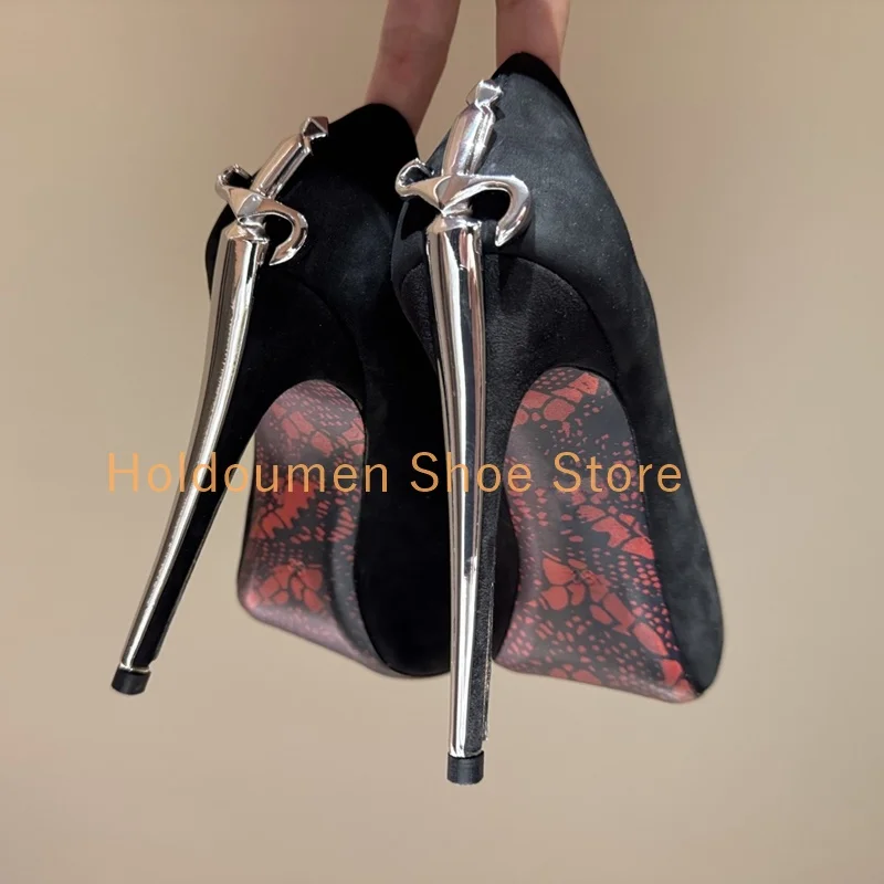 Retro Black Patent Leather Sexy Metal Scepter Heel Shape Pumps Point Toe Strange Style Heel Gold Silver Fastener Stiletto Pumps