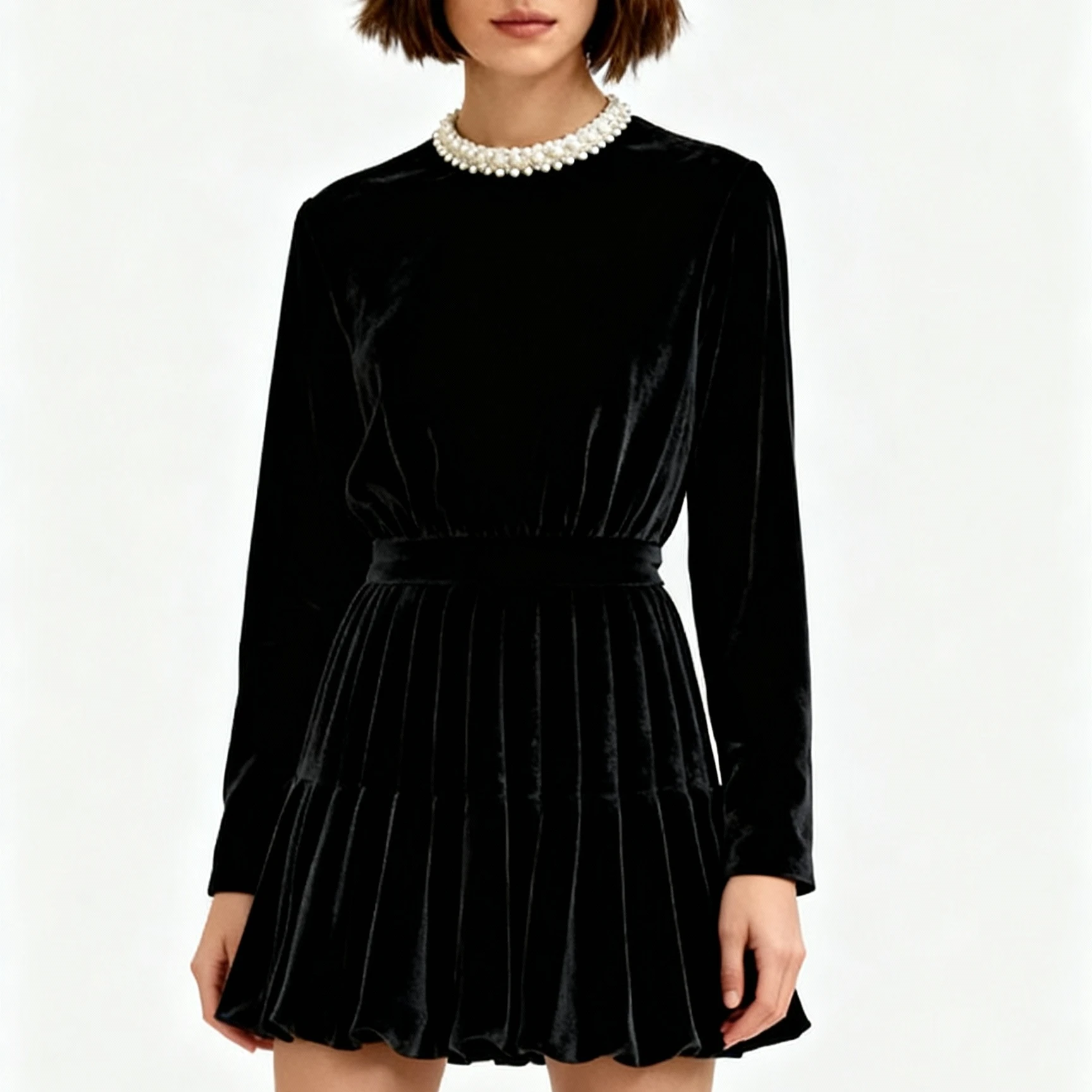 

【Gift Free】2025 Autumn Winter French Elegant Velvet High Waist A-Line Dress Rhinestone Pearl Short Outfit