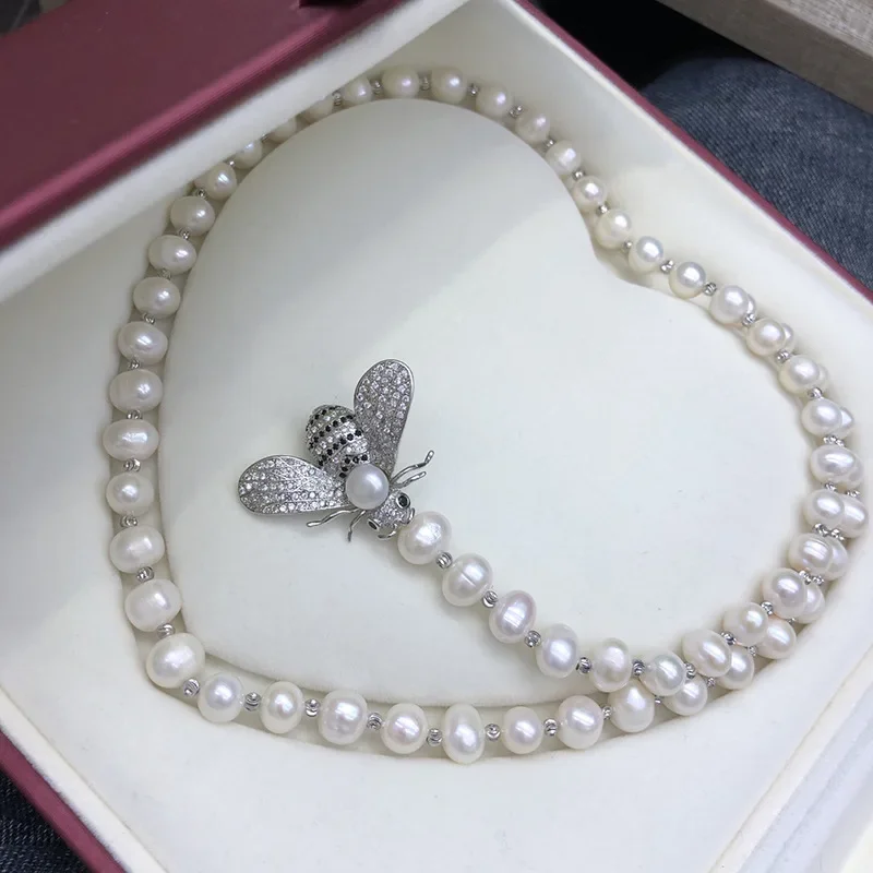 

New Natural Freshwater Pearl Bee Pearl Necklace Medium and Long Sweater Chain Nearly Round Women's Wholesale Exquisite Tide