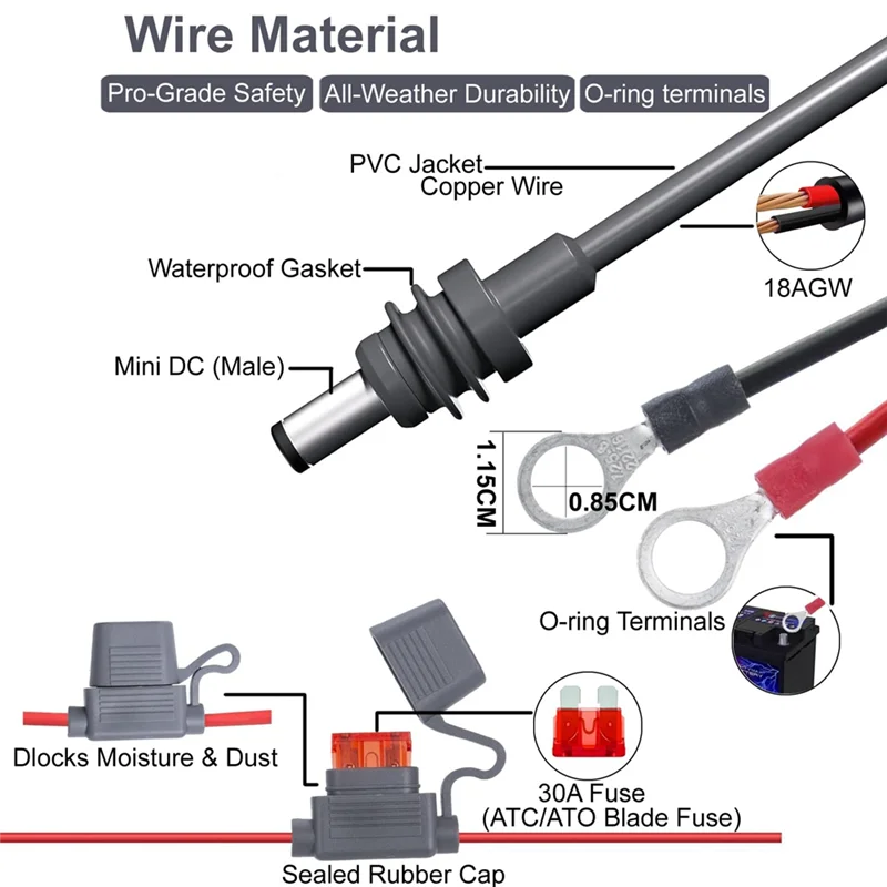 AB46-For Starlink Mini Compatible، /10FT، كابل طاقة تيار مستمر 18AWG مع حامل فيوز، كابل طاقة البطارية المباشر، مدخل 12 فولت-48 فولت