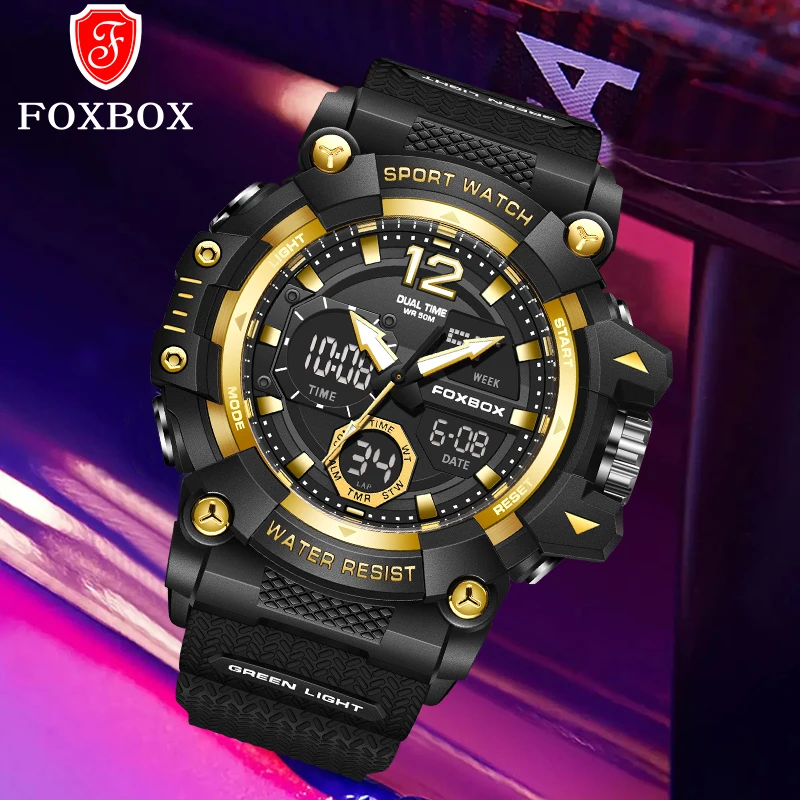 FOXBOX Fashion Sport Electronic Men's Watches LED Dual Display Casual Quartz Man Watch Waterproof Luminous Alarm Calendar Clocks