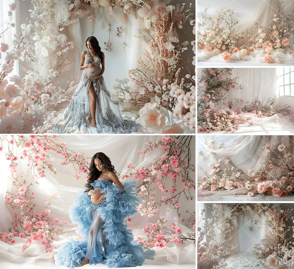 Tło fotografii Mehofond różowy tiul w kwiaty biały pokój urodziny ślub macierzyński portret wystrój zdjęcie tła Studio