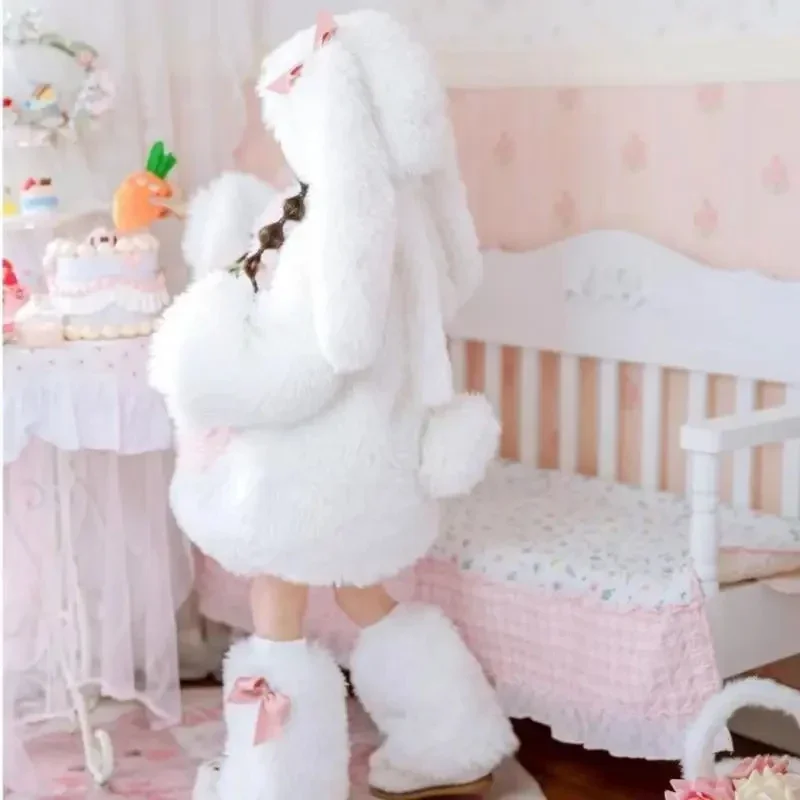 Girls Lovely Cartoon Plush Rabbit Cosplay Costume Kawaii Kids Winter Warm White Bunny Top Pants Hat Halloween Party Outfit Gift - view 5