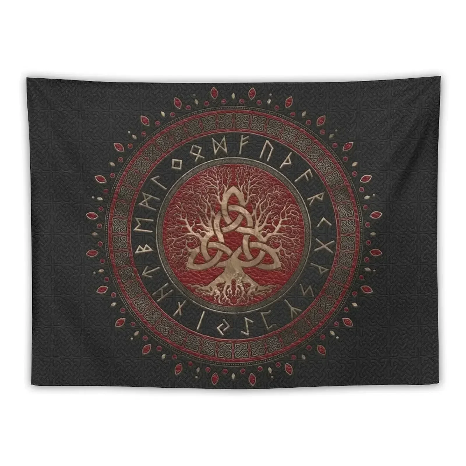 

Tree of life with Triquetra Black Red Leather and gold Tapestry Mushroom Home Decorators Tapestry