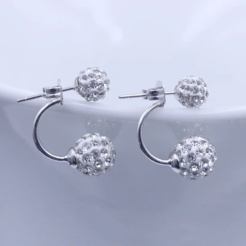 925 Sterling Silver Fashion U Bend Shiny Crystal Shambhala Ball Ladies Stud Earrings Jewelry Women Anti Allergy