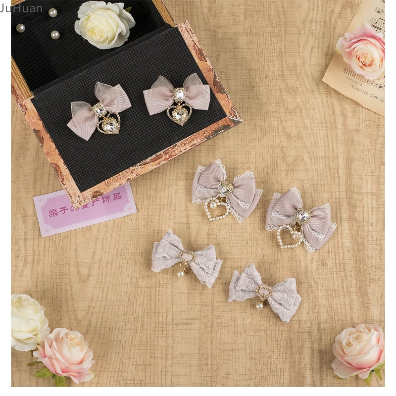 

Japanese Mine Series Mass-produced Hairpin Lolita Love Rhinestone Lace Bow Hairpin Pair Clips Girl Versatile Edge Clip Headdress