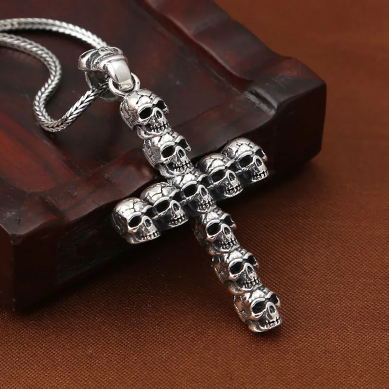 

European and American Rock Style Thai Silver Cross Skull Head Pendant Sterling Silver S925 Personalized Necklace Pendant Sweater