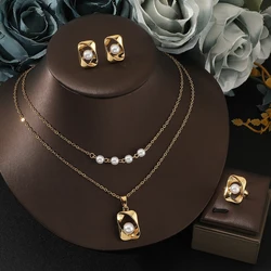 Exquisite Fashion Geometric Pearl Double Layer Chain Necklace Earrings Ring 3 Piece Set Wedding Jewelry Set Birthday Gift