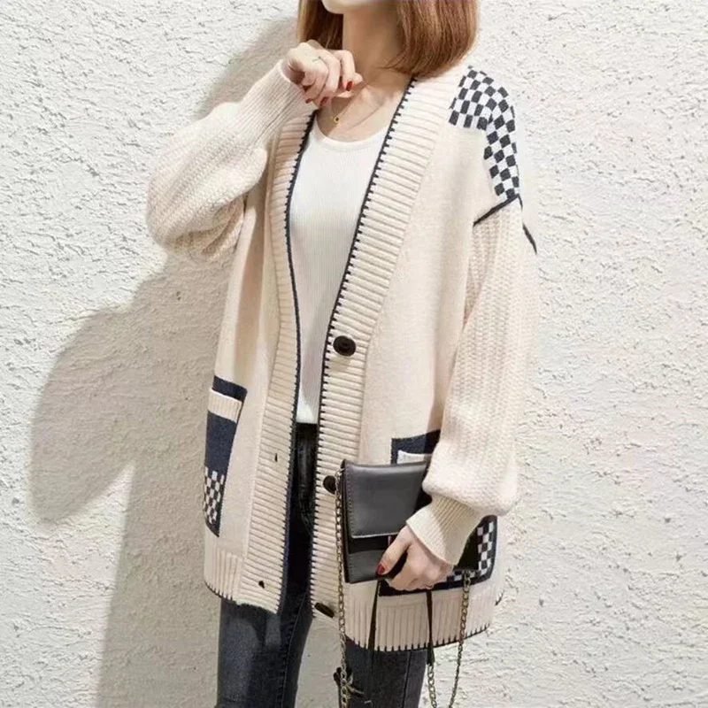 Autumn Winter Elegant Women Sweater Jackets V-neck Knitted Cardigan Long Sleeve Printed Casual Loose Coats Outwear Clothing