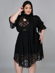 See Through Dresses Black Polka Dot Women Irregular Empire Transparent Half Sleeve African Dress Plus Size 4XL 5XL Party Robes