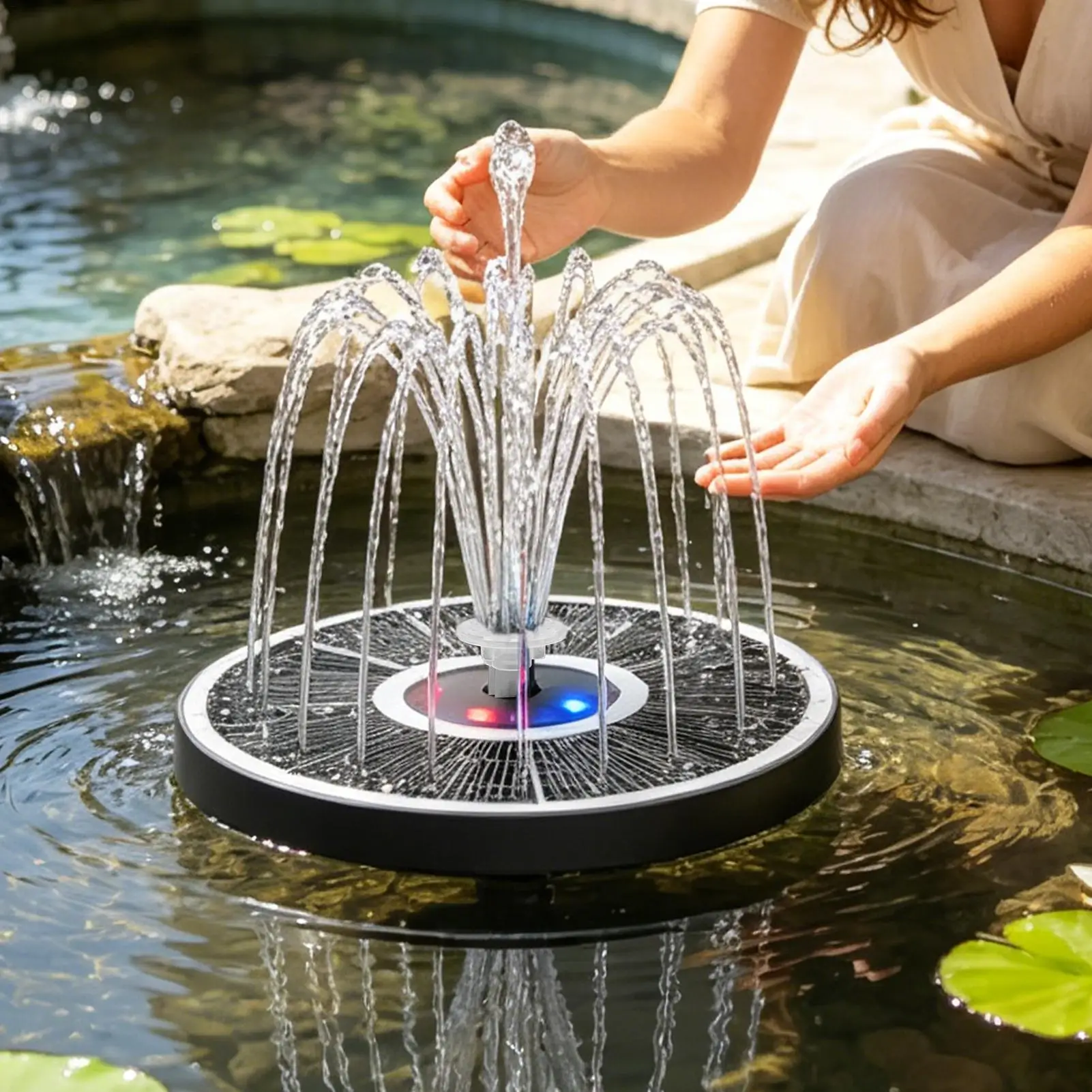 Solar-powered bird bath fountain with Colorful LED Lights 6 Nozzles  6.3-inch RGB floating Water Fountain 1500mAh Outdoor