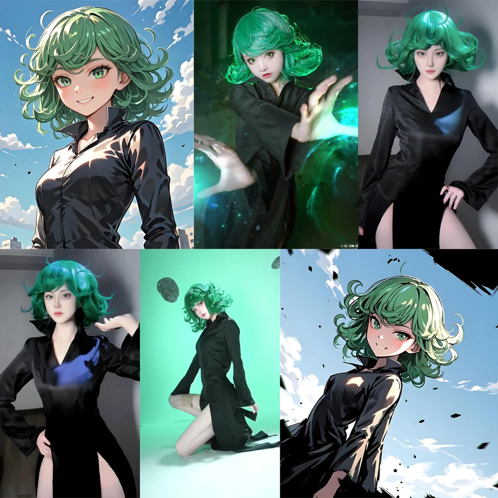 عالية الجودة أنيمي واحد لكمة رجل تاتسوماكي كوسبلاي شعر صناعي 12 بوصة أخضر قصير مجعد شعر مستعار يومي طبيعي مقاوم للحرارة #6