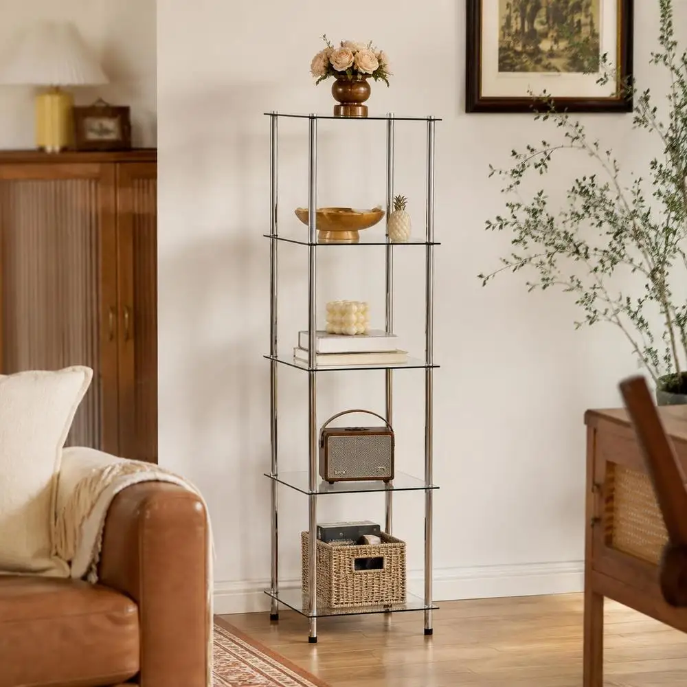Étagère de rangement à 5 niveaux en verre trempé, meuble de rangement avec structure métallique, étagère murale design moderne transparente 40 x 40 x 130 cm, bibliothèque, présentoir décoratif pour salon, salle de bain, cuisine, bureau, organisateur pour la maison