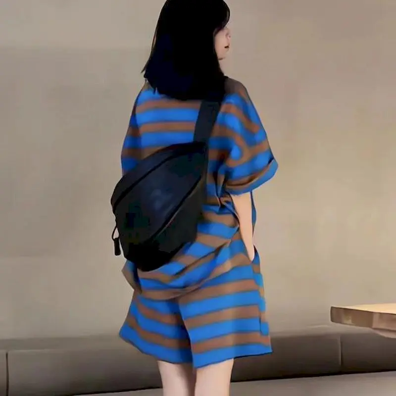 Striped T Shirts Sets Women Fashion Drawstring Design Patchwork Short Sleeve T-shirt and Wide Leg Shorts Oversized Two Piece Set