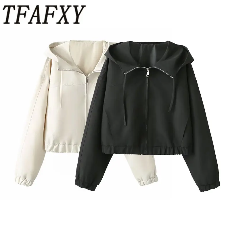 TFAFXY 2026 Frühling Damen Bomberjacke mit Kapuze, Faltbaren Ärmeln und Reißverschluss, Lässiger Kurzmantel, Y2K-Stil