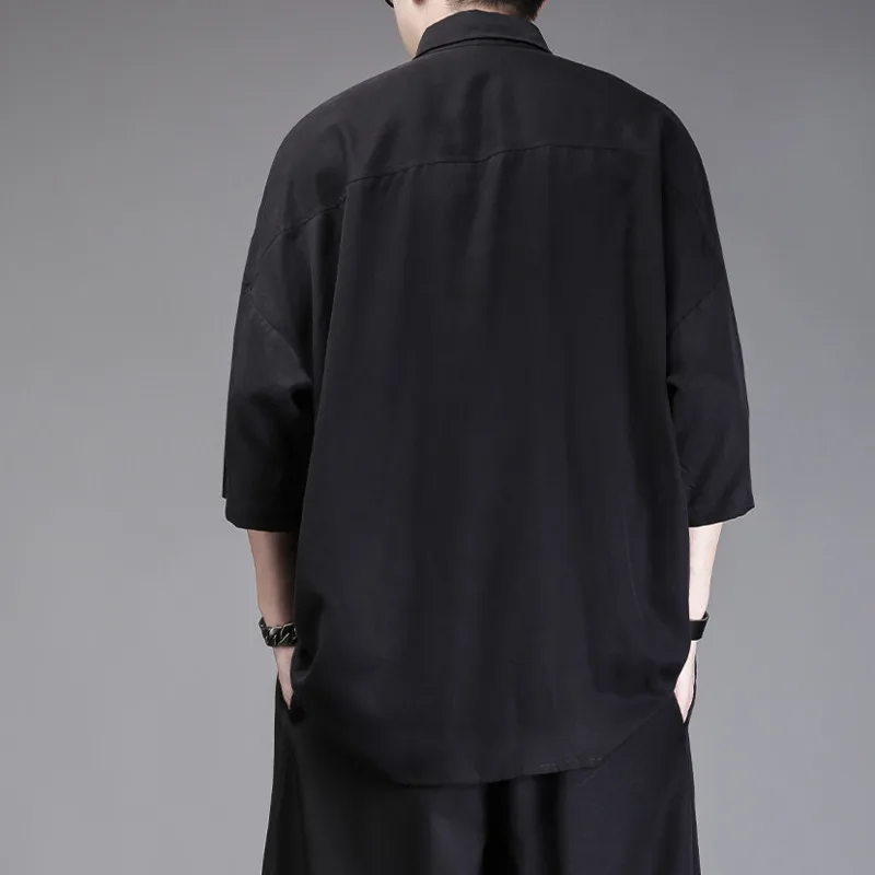 WVGA Summer New Men's Dark Style Half Sleeve Pointed Collar Cardigan Shirt Draped Wrinkle-resistant Niche Chic Casual Top W26590