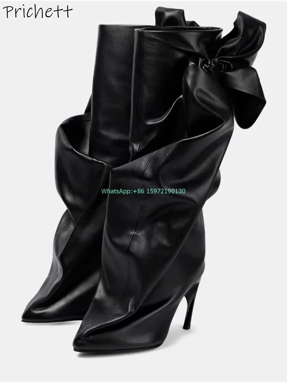 Black Pleated Butterfly Knot Boots Pointy Toe Strange Style Heels Solid Runway Boots Hotties Sexy Niche Design Stiletto Shoes