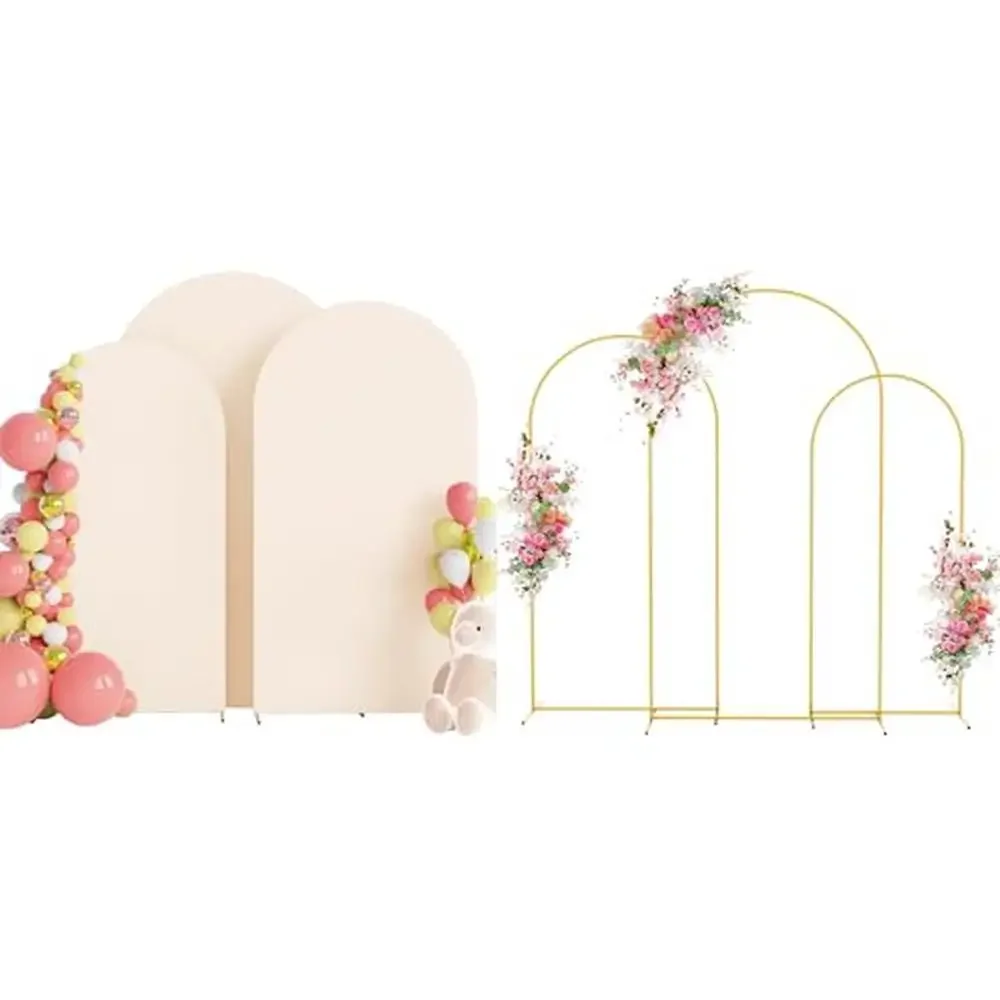 

Metal Wedding Arch Backdrop Stand Set 7.2FT 6.6FT 6FT with Spandex Cover Birthday Party Wedding Decoration Kit Beige and Gold