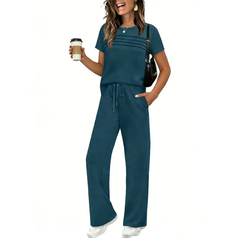 

Women's Two Piece Outfit Short Sleeve Pleated Top & Wide Leg Pants Set Casual Drawstring Waist Tracksuit