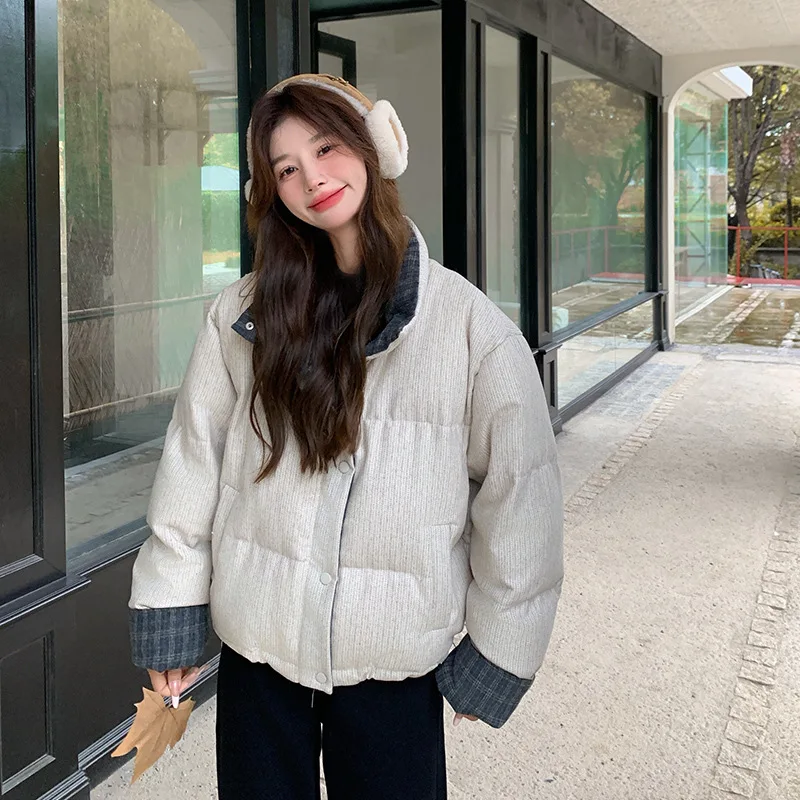 Damska kurtka puchowa na co dzień, uniwersalna, zimowa, nowa, w stylu koreańskim, retro, z pionowymi paskami, designerska, z wysokim kołnierzem, krótka.