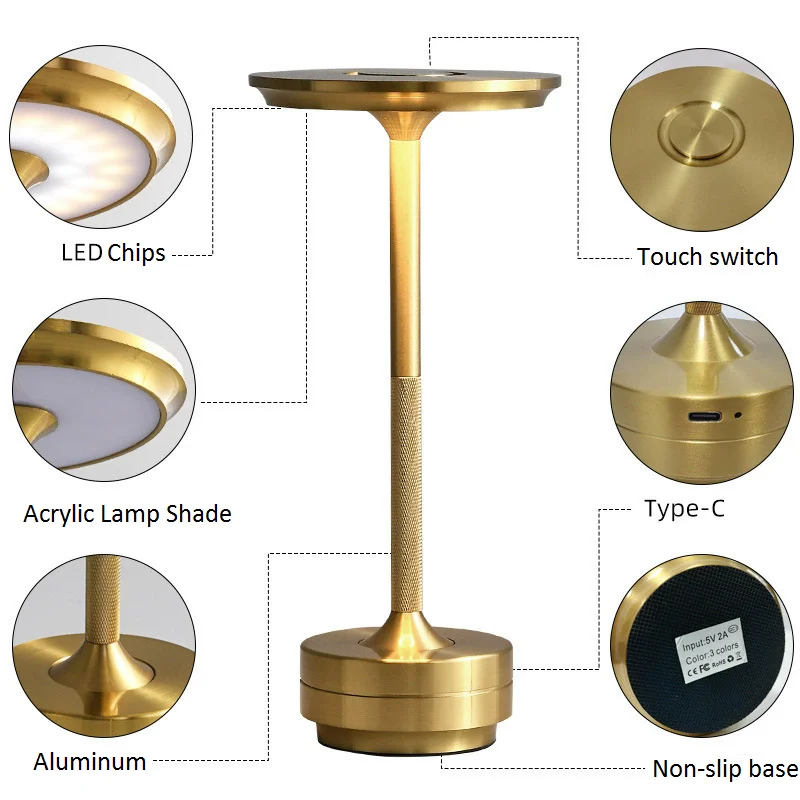 Creative Type-C Rechargeable LED Desk Lamp Bedroom Bedside High-end Feeling Night Light Aluminum Chargeable Lighting Fixture