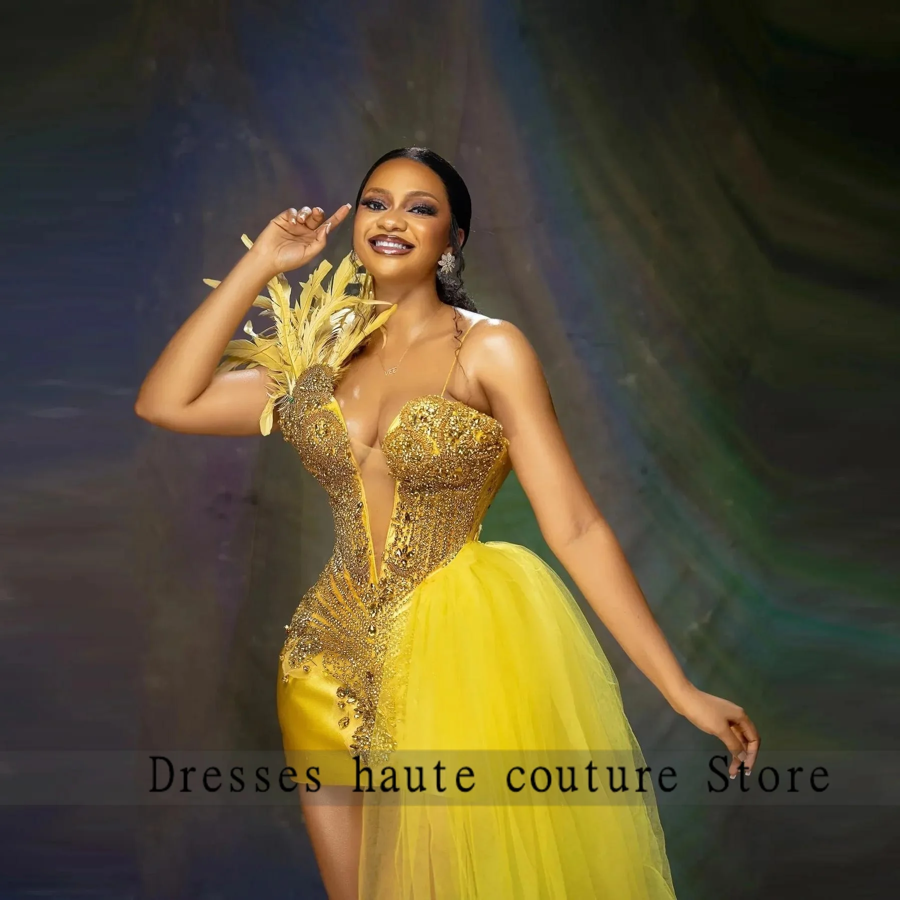 

Gold One Shoulder Prom Dresses With Detachable Gloves African Girl 2025 Feathers Tulle Train Wedding Party Dress Customized