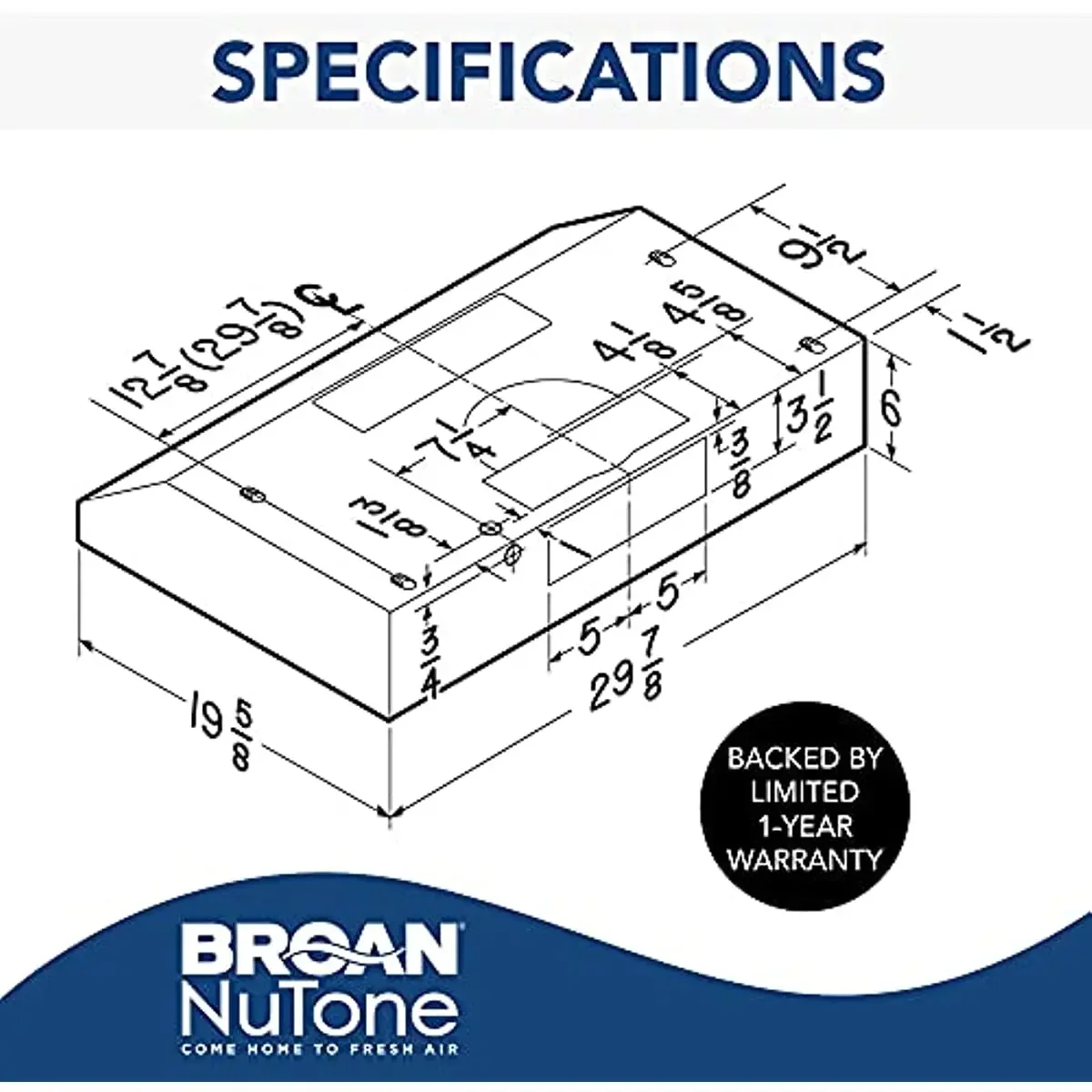 Broan-nutone BCSQ130SS กระโปรงหน้ารถสามความเร็วใต้ตู้พร้อมไฟ LED ที่มีความสามารถ, 1.5 sones, 375 MAX Blower