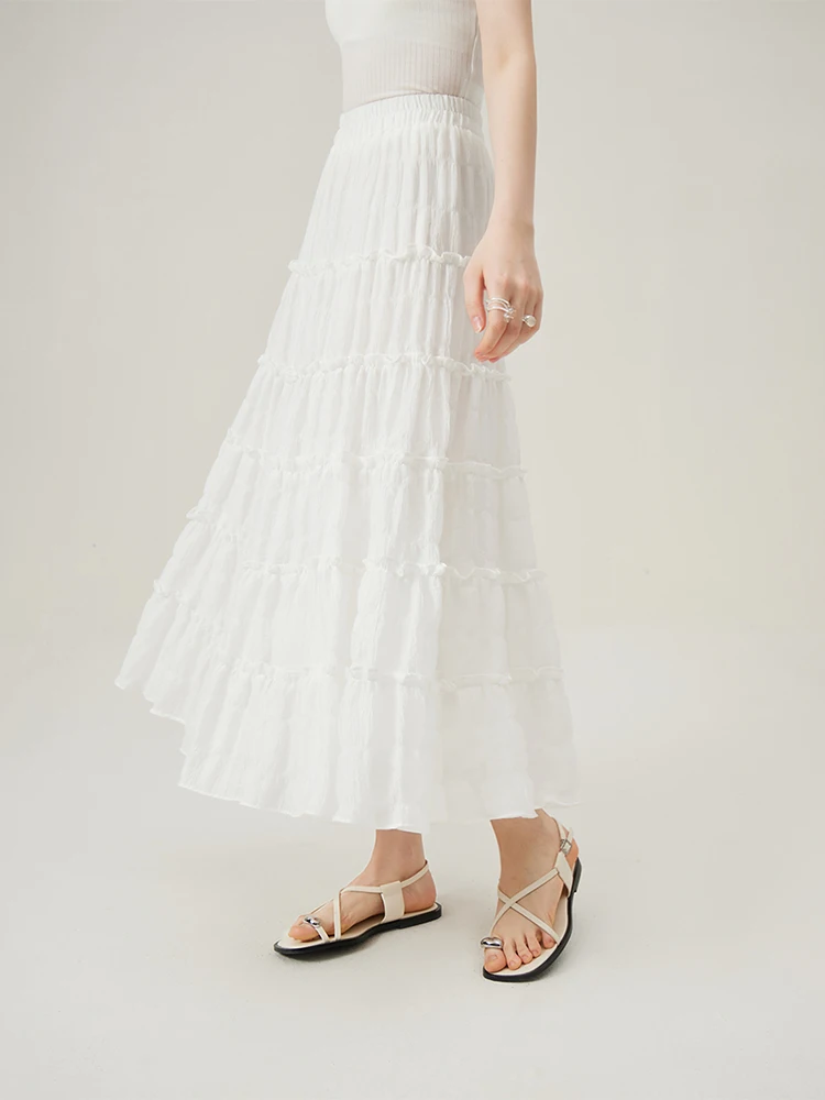 

FSLE Women White Long Cake Skirt High Waist Elastic Waist Summer New Light Blue Long A-LINE Skirts Sweet Bottom 24FS12467