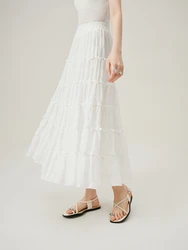 FSLE Women White Long Cake Skirt High Waist Elastic Waist Summer New Light Blue Long A-LINE Skirts Sweet Bottom 24FS12467