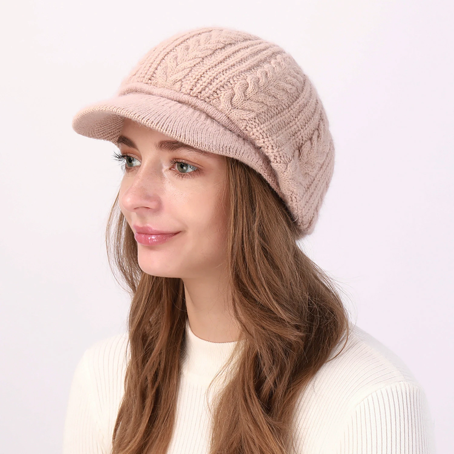 Women's Cable Knit Peaked Beanie Hat Fleece Lined Thick Warm Winter Beret Visor Cap 10 Colours