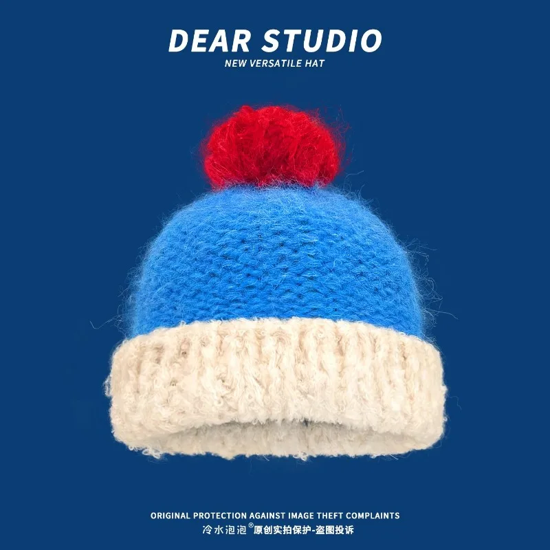 

Ins Retro Contrasting Color Cute Pom-pom Pullover Hat Y2K Autumn Winter Warm Versatile Fashion Beanies Cap for Men and Women