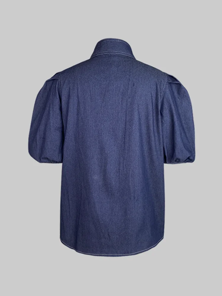 Beautyblue المرأة موضة عالية الرقبة تقليد قمصان جينز نفخة الأكمام البلوزات الصيف جديد عادية بلون ربطة القوس فيونكة القمم الإناث