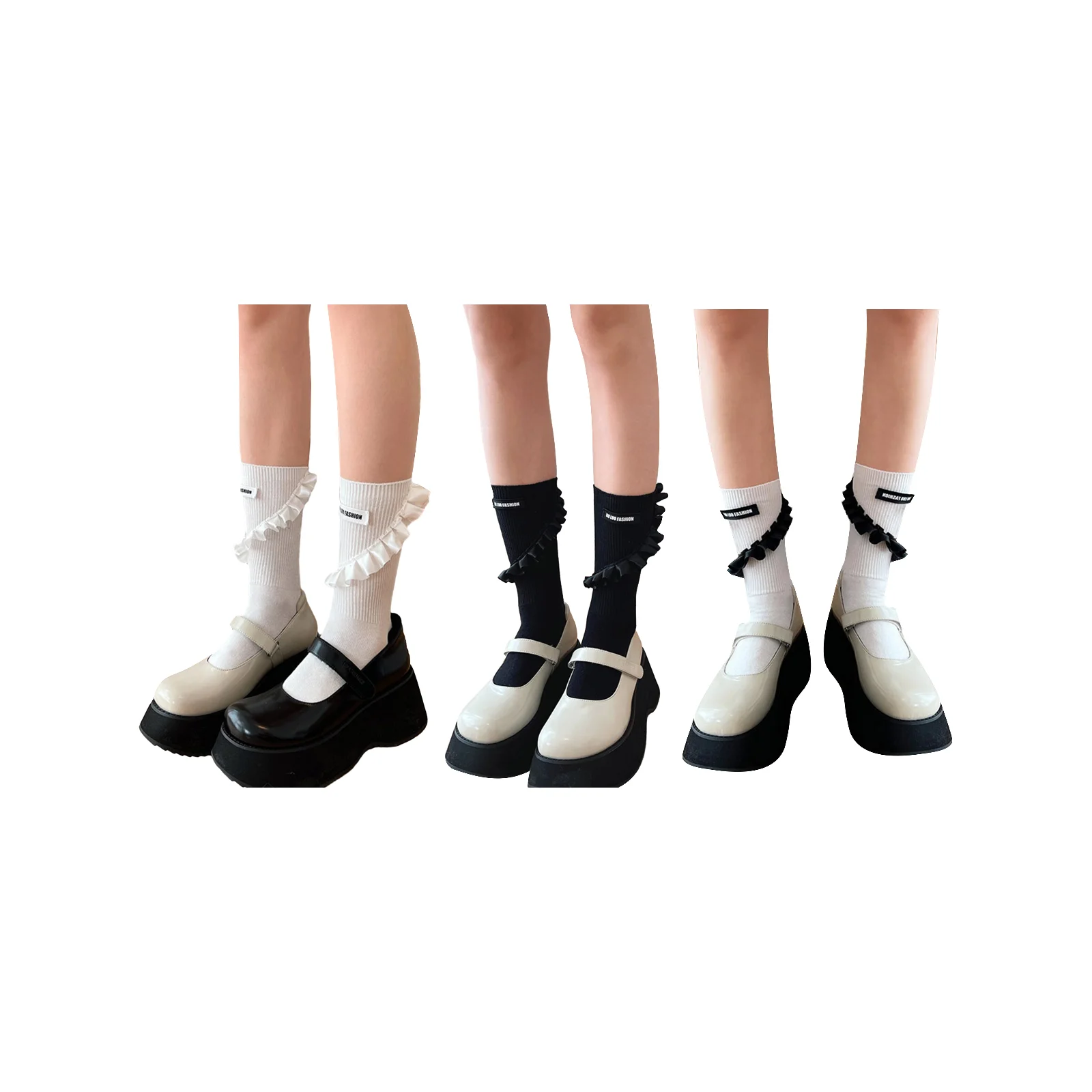 

Комплект: кружевные носки с эффектом помятости — белые + черные + по 1 паре белых носков с черными краями